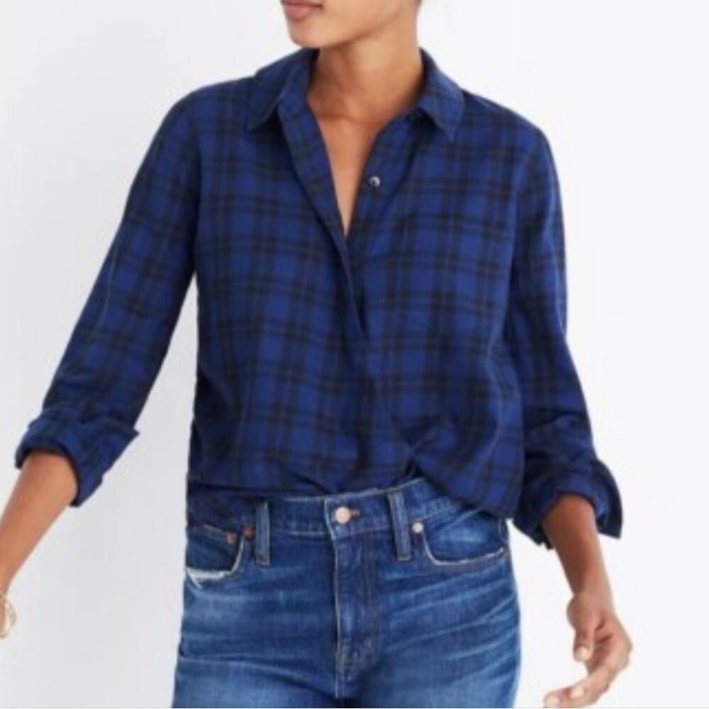 Madewell Wrap Front Arion Blue Plaid Relaxed Fit Blouse with Hi-lo Hemline